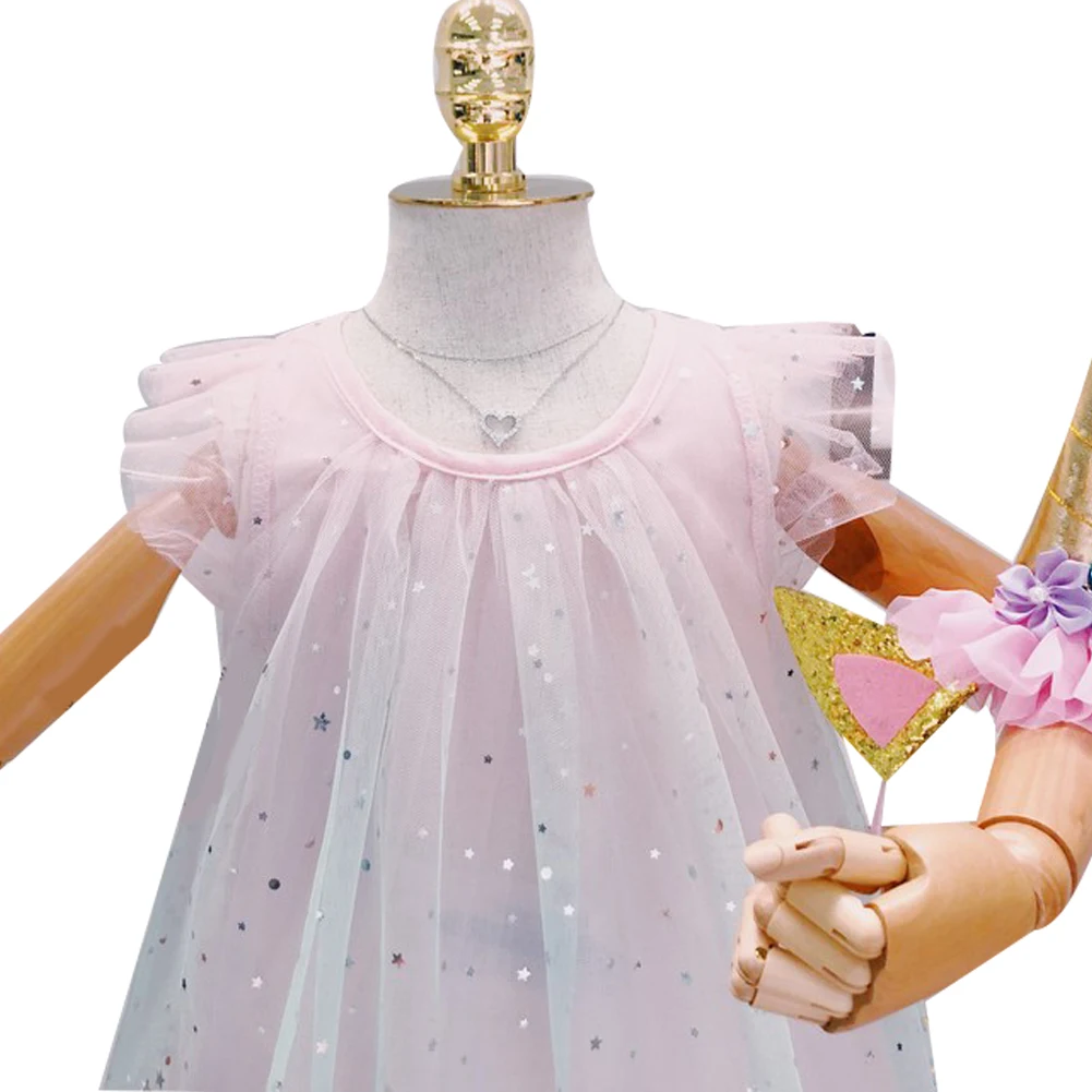 Infant Kids Girls Summer Dress Lace Mesh Ruffle Unicorn Sleeveless Multi-Layer Cute Sweet Princess with Hair Band | Детская одежда и