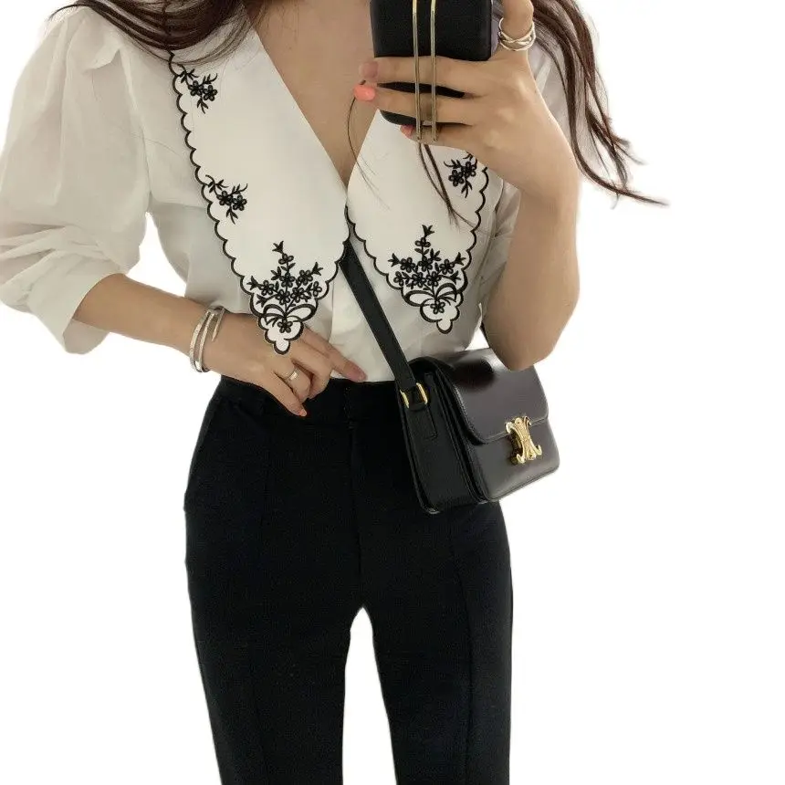 Женская рубашка с отложным воротником Классический Топ из полиэстера и хлопка в