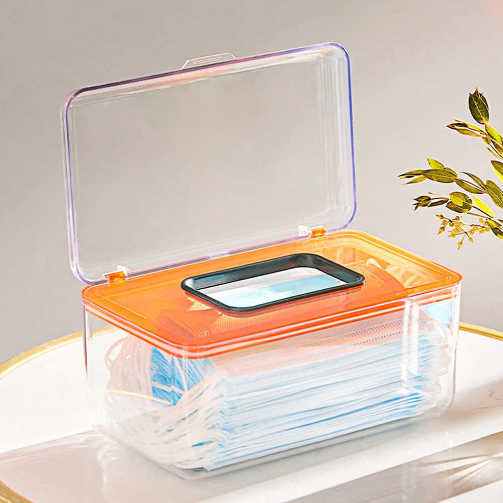 

Mask Storage Box Dust-proof Transparent Plastic Tissue Bin Desktop Organizer Wet Wipes Gloves Storage Case Home Office Decor