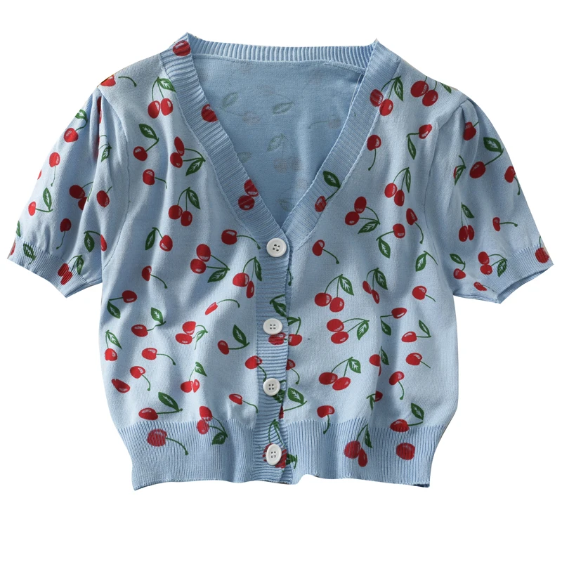

Летняя трикотажная однобортная облегающая футболка с коротким рукавом и V-образным вырезом в стиле ретро с принтом вишни