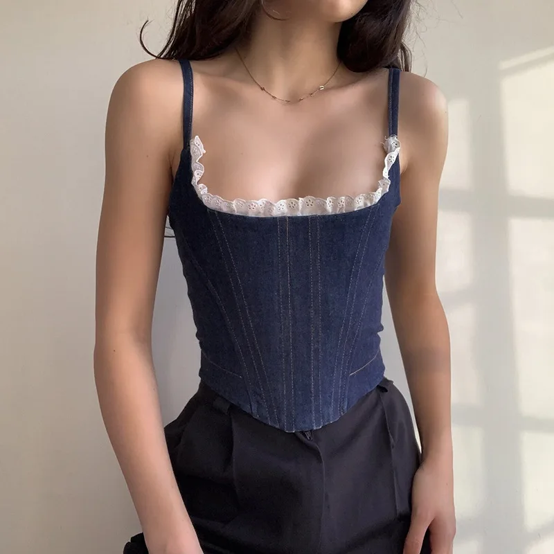 

2023 New U-neck Camisole Women's Top Summer Fishbone Bustier Bra Fashion Sexy Lace Denim Halter Tops y1056