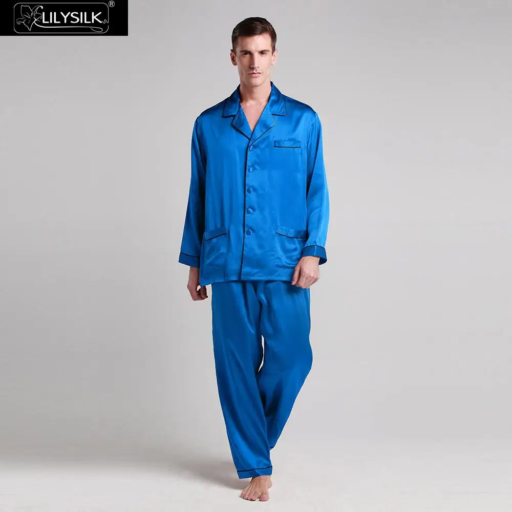 Diamond Blue LilySilk пижама мужская шелковые набор белье костюм домашняя одежда для мужчин с контрастной отделкой 22 Momme - Цвет: Diamond Blue