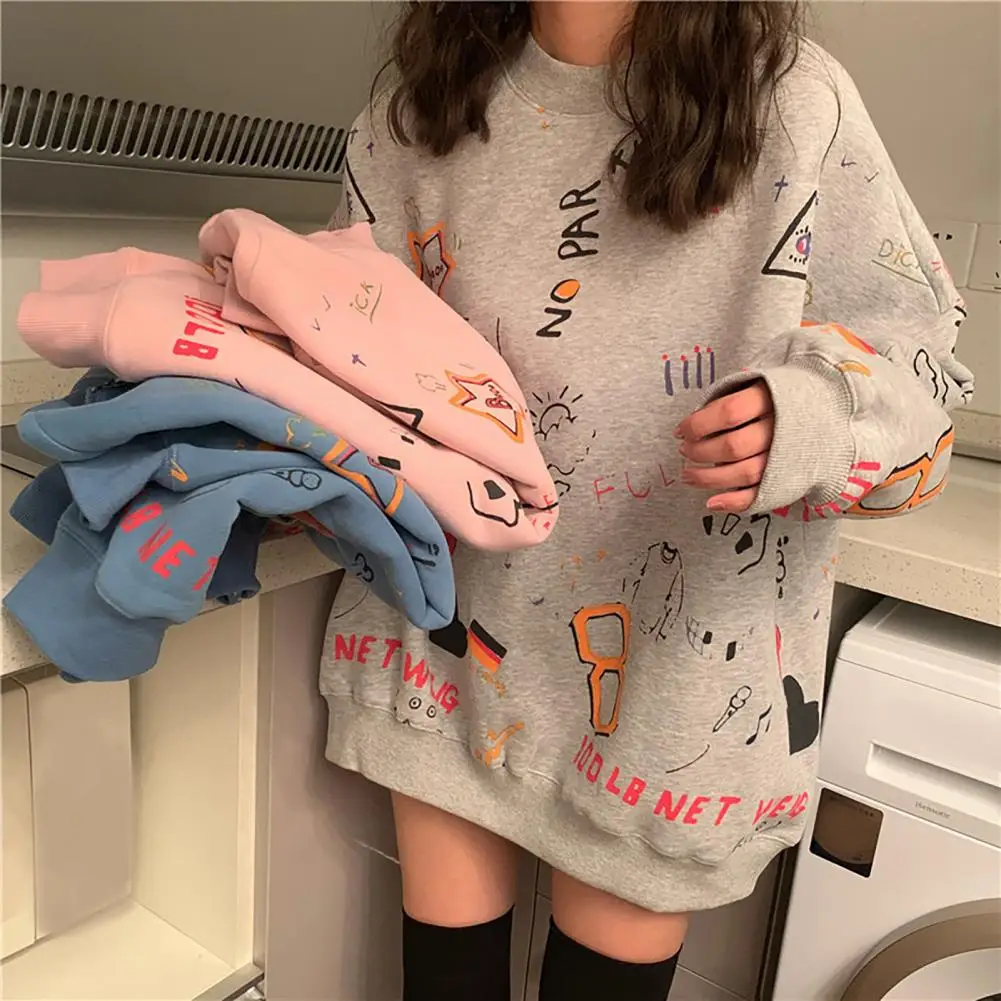Hoodies Women Cute Print Loose Long Sleeve O Neck All Match Pullover Sweatshirt Tops Blue	M-2XL Women Clothing 2021