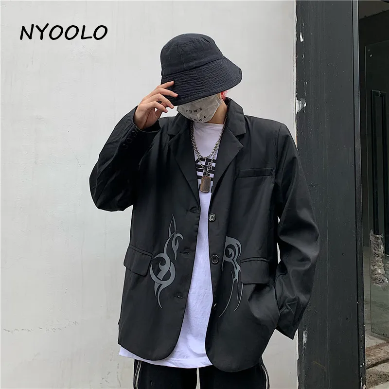 NYOOLO Harajuku Винтажная с драконом принт женский костюм с карманами Осенняя уличная одежда с длинным рукавом однобортное пальто женская мужская одежда верхняя одежда