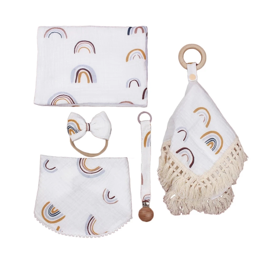 

Комплект нагрудников для новорожденных, полотенце на поясе с кисточкой, удобный хлопковый Радужный нагрудник из муслина с зажимом для соск...