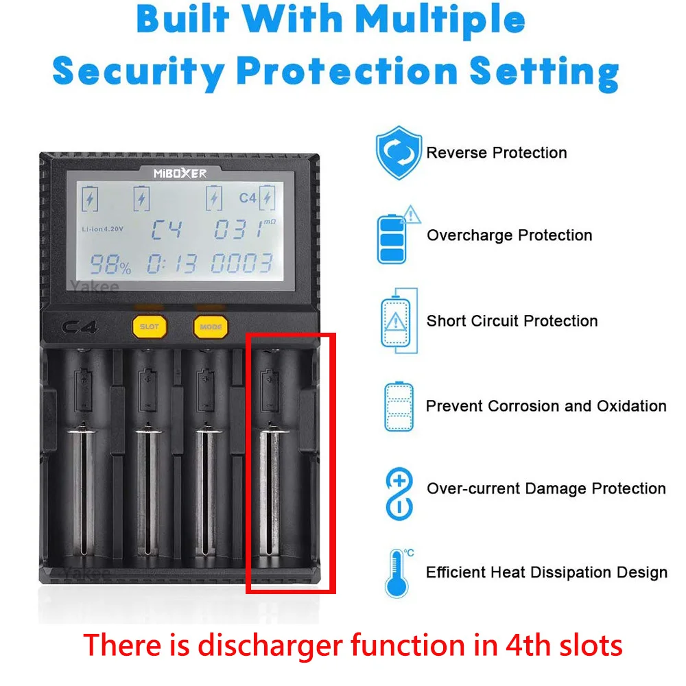 Miboxer C4 LCD Smart Battery Charger With Car charger for Li-ion/IMR/INR/ICR/LiFePO4 18650 14500 26650 100-800mah discharger | Электроника