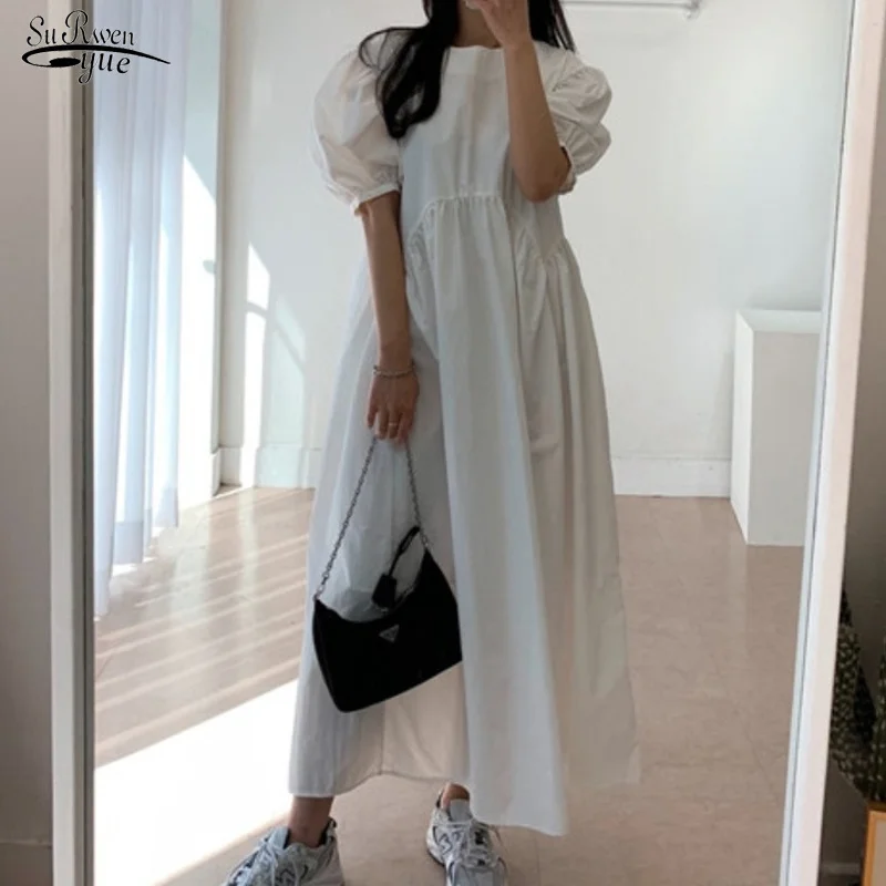 

2021 Summer Puff Sleeve Dress for Women Vintage Oversized Party Dresses Women Loose Solid Color Long Dress Robe Femme 14047