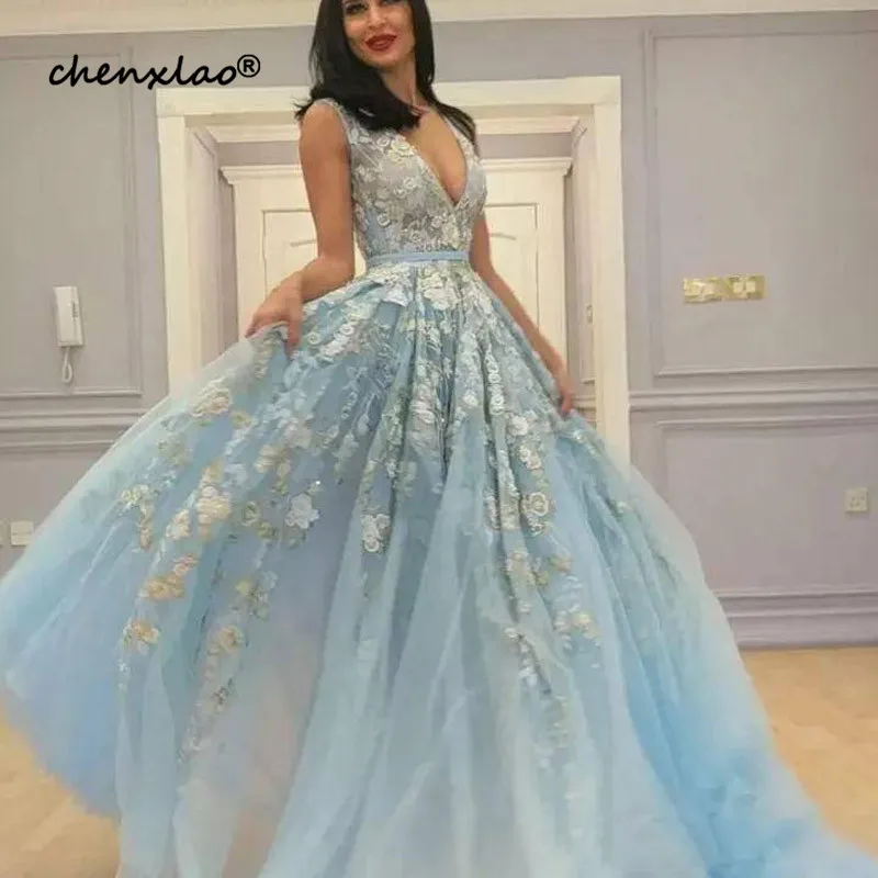 

New Arrival Baby Blue Long Prom Dresses 3D Handmade Floral Flowers Romantic Evening Dress V Neck Zipper Vestido de festa longo -