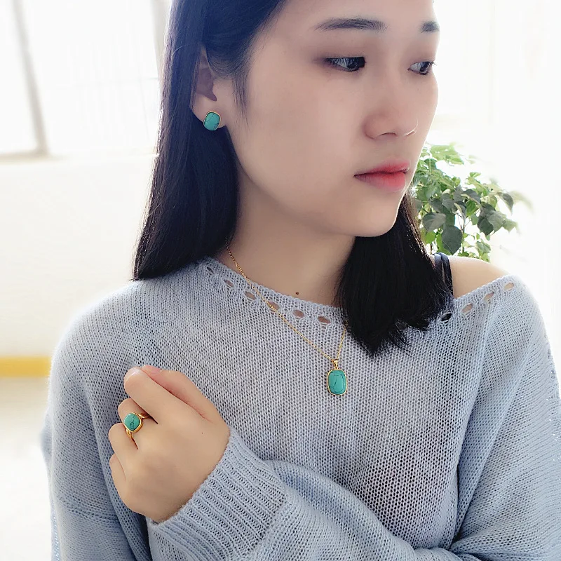 

Genuine Solid Sterling Silver 925 Jewelry Set 18k Gold Plated Geometric Bohemia Ethnic Women's With Natural Turquoise Stone