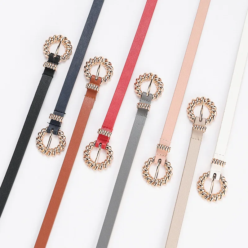 

Fashion Women's PU Thin Belt Threaded Round Gold Metal Buckle Solid Color Exquisite Design Belt Commuter All-match