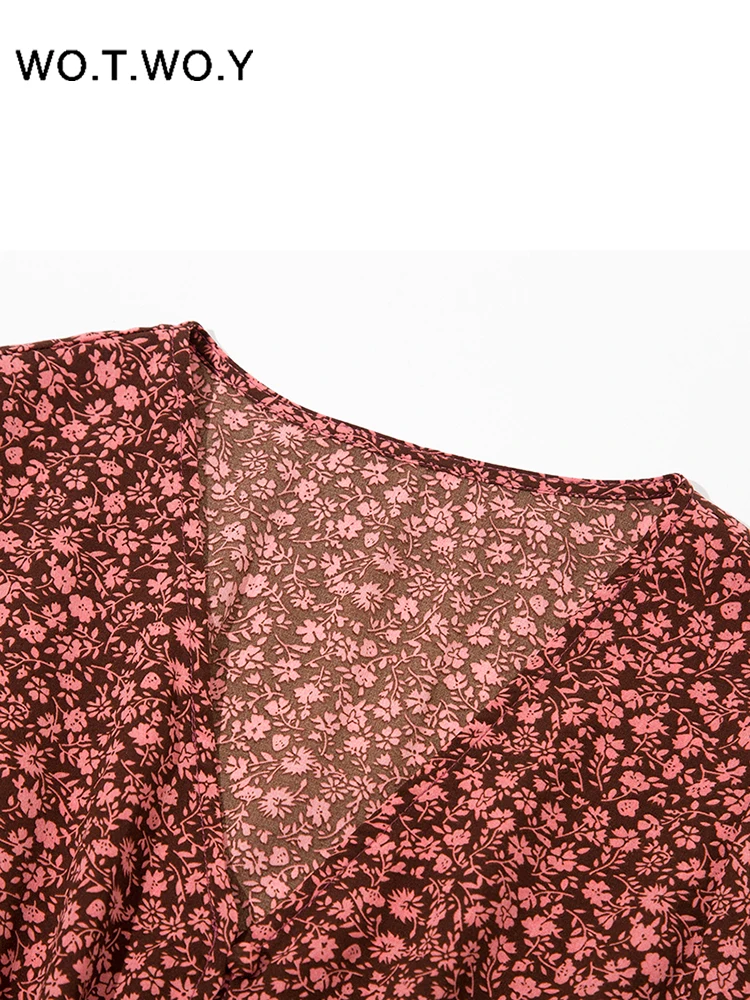 

WOTWOY Casual Elastic Hight Waist Printed Dress Women Long Sleeve V-Neck A-Line Dress Female Elegant Red Dress Harajuku Summer