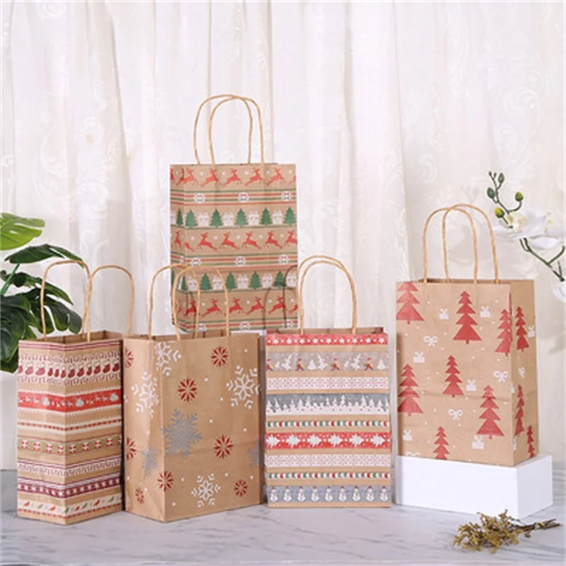 

21x15x8 Kraft Paper Craft Christmas Gift Bags Gift Candy Packing Bag Snowflake Santa Claus Paper Bags For New Year Gift Wrapping