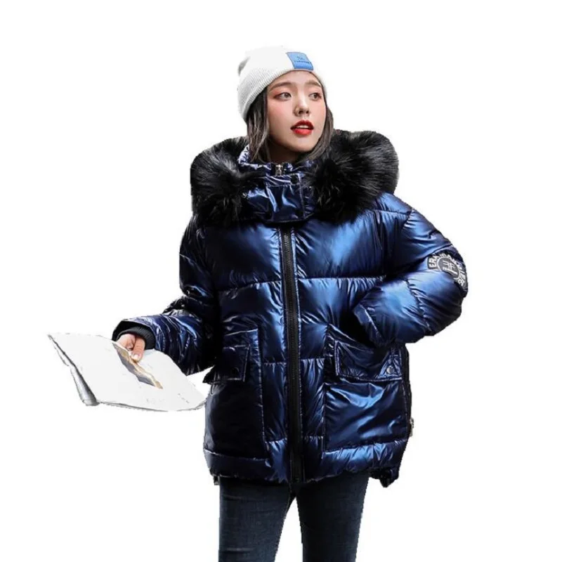 

Autumn Winter Women's Short Glossy Down Cotton Hooded Parkas With Big Fur Collar Casual Pearlescent Leather Thick Winter Jacket