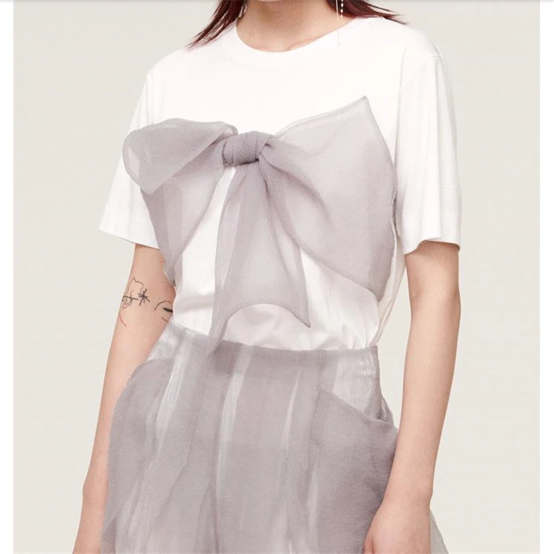 

Summer New Suit Temperament Ladies Organza Bowknot Tops White Short Sleeve T-shirt Pleated Mesh Skirt 2Piece Sets Y848
