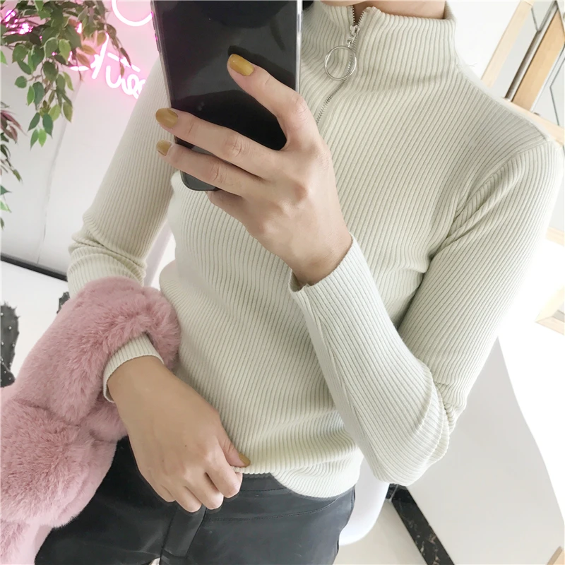 Женский свитер на молнии LUZUZI однотонный облегающий с воротником-хомутом