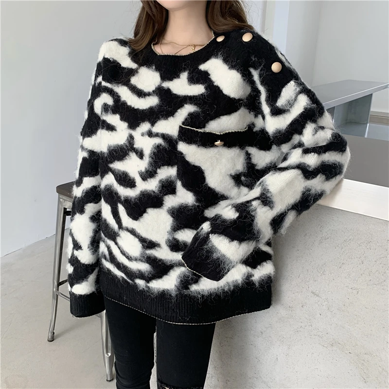 

Korean fashion cow print sweater women streetwear chic buttons pullover knitted tops harajuku loose lazy style fluffy sweaters