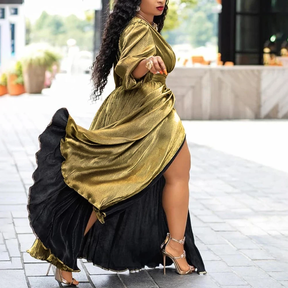 Роскошное Золотое блестящее платье с разрезом и v образным вырезом сексуальное