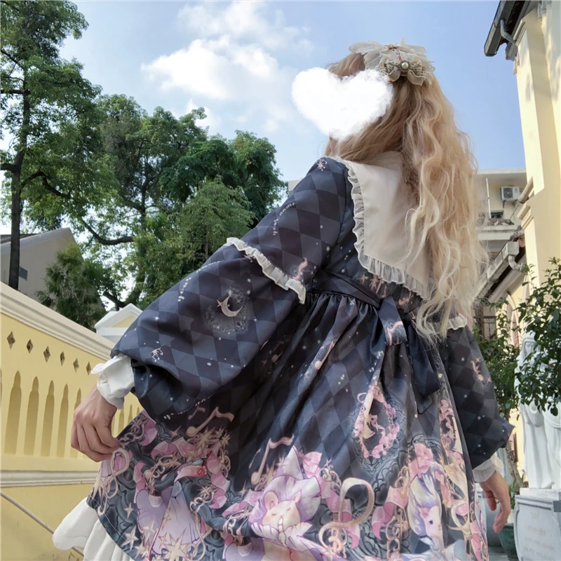

Japanese lolita dress vintage stand puff sleeve high waist kawaii dress cute printing victorian dress gothic lolita op loli cos