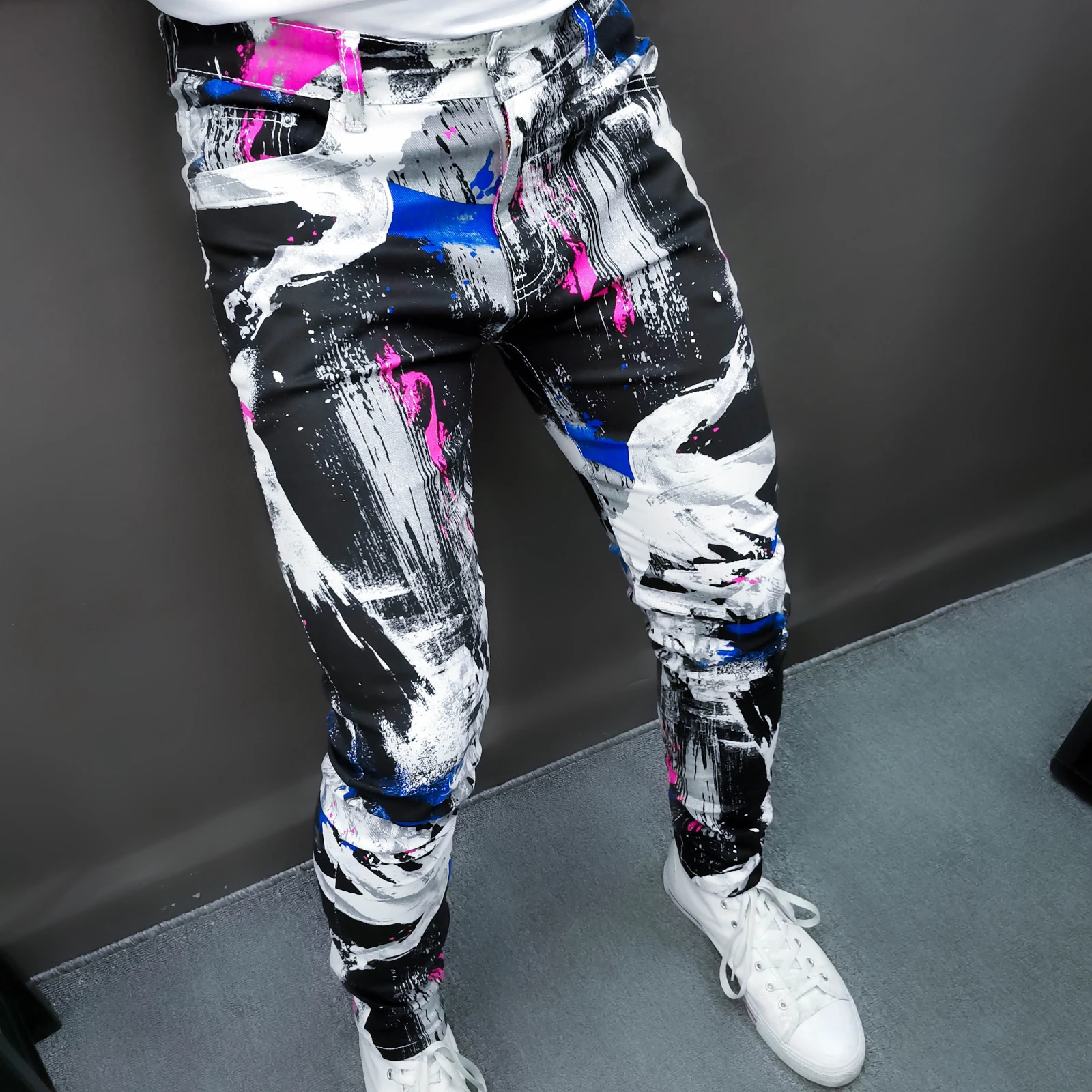 

Джинсы с кисточками, Мужские штаны, уличная одежда, эластичные джинсы для вечеринки, с цифровым принтом, мужские джинсы, зауженные, мужские, ...