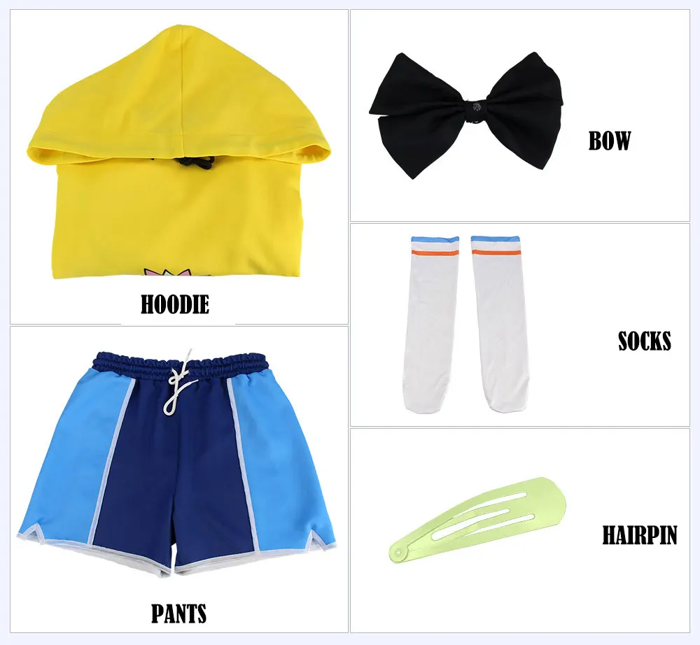 

Wonder Egg Priority Ai Ohto Cosplay Costume Yellow Hoodies Blue Shorts Dark Blue Short Wig Triangular Hair Clip Women Hoodies