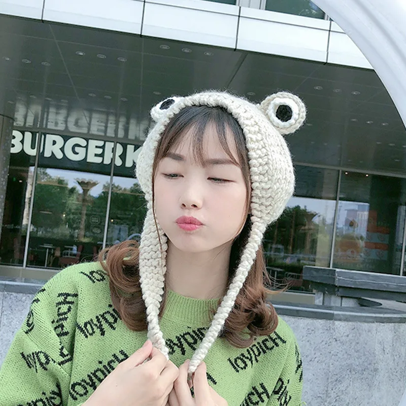Женская осенне-зимняя вязаная шерстяная шапка в виде лягушки милые головные