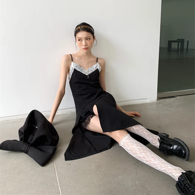

Kimotimo Sexy Black Spaghetti Strap Dress Women 2021 Summer V-neck Side Split Lace Slim Mid-length Dress Korean Elegant Dress