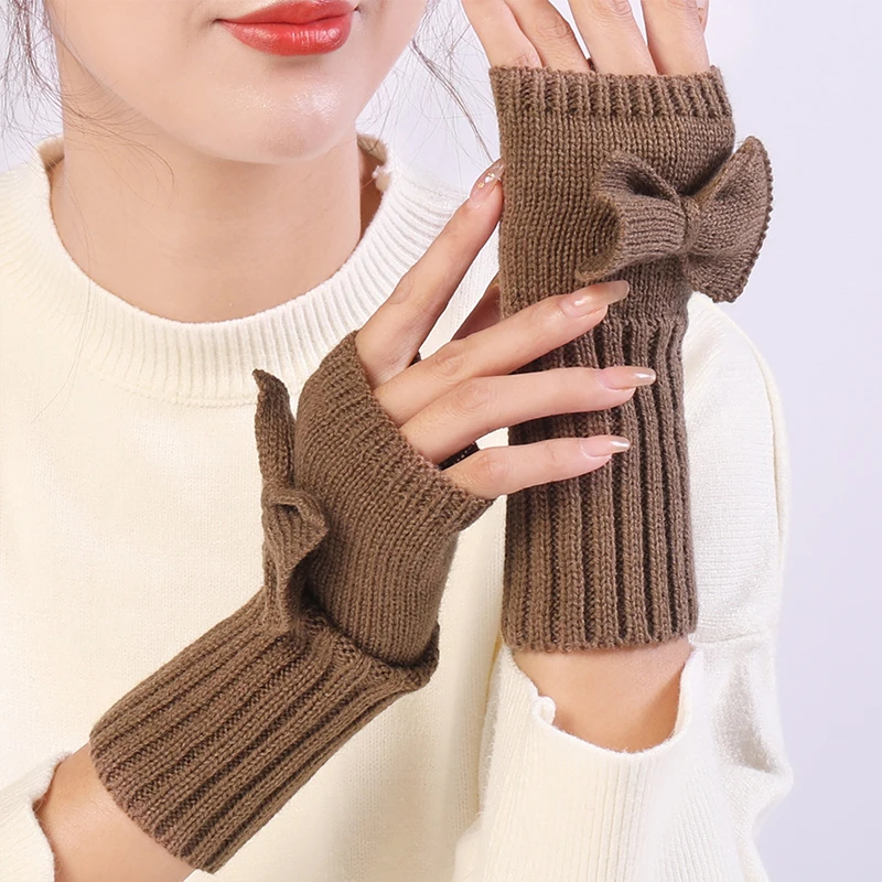 

Women Bow Knitted Gloves Woolen Half Finger Gloves Mittens Winter Warm Thickening Wool Gloves Women Student Fingerless Gloves