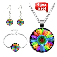 4 pcsset glass cabochon necklace earrings bangle cute sun flower art picture pendant statement chain for women jewelry