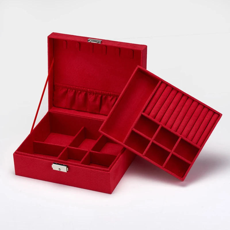 

New 2-Layer Flannel Jewelry organizador Box Necklaces Earrings Rings Display Holder Case for Women Large Capacity With Lock
