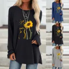 Сезонная футболка, женские топы размера плюс, футболки с длинным рукавом и круглым вырезом, свободные топы с изображением кота и принт подсолнечника