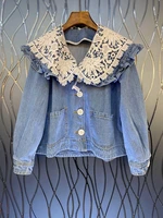 2021 new women fashion water soluble hollow stitching large lapel symmetrical pocket long sleeved denim jacket 905