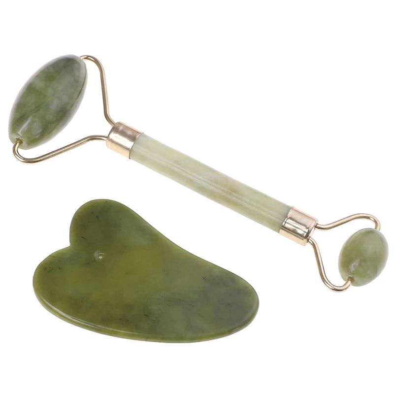 

Health Care Relaxation Women Natural Jade Guasha Facial Face Thin Roller+Body Guasha Board Massager Stone Tool Set