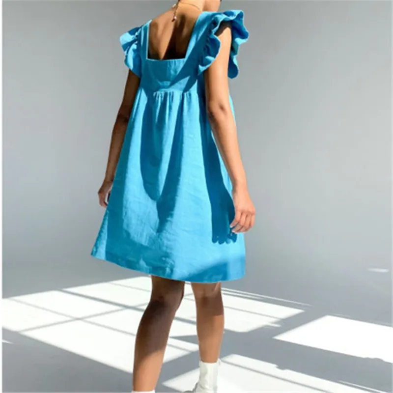 

Muiches Casual Square Collar Butterfly Sleeve Mini Sweet Dress Woman Backless High Waist Loose Linen Solid Dress 2021 Summer