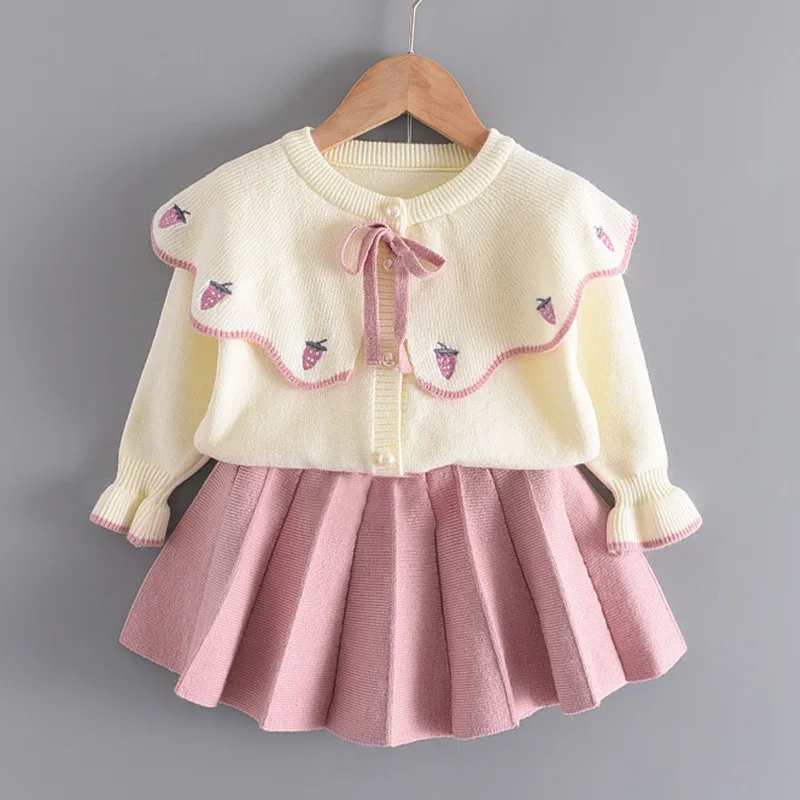 27KIDS Girl Winter Autumn Red Strawberry Princess Knitted Skirt Dress Kid Children Clothing Party Style Casual Dresses Sets | Детская