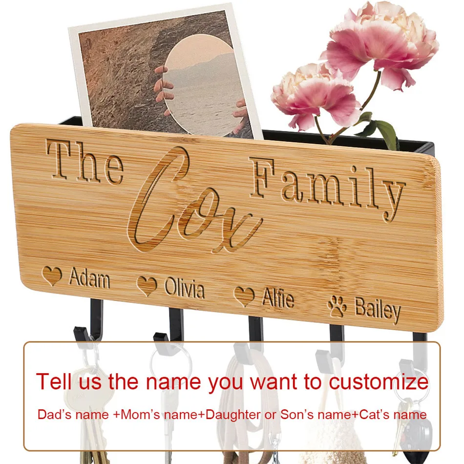 

Personalized Engraved Name Bamboo Wooden Key Racks Sundries Hangers Wall-Hanging Storage Household Saving Space Organizer Box