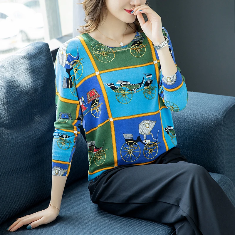 Loose Sweater Knitwear Pullovers Women Long Sleeve Autumn Winter Carriage Printed Fashion Comfortable Knitted Sweaters | Женская одежда