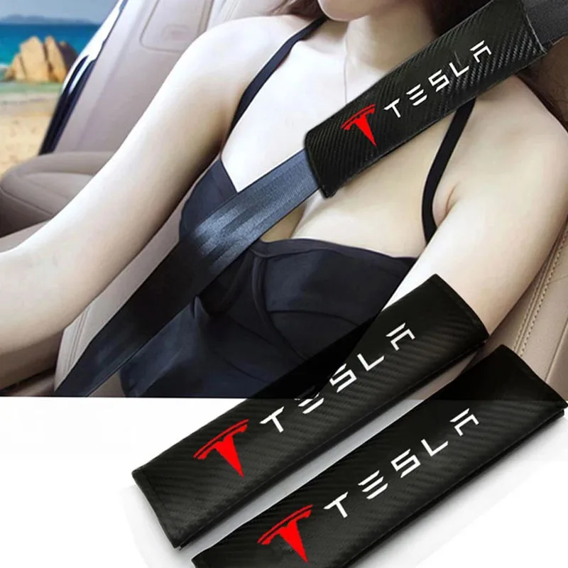 

2pcs Carbon Fiber Car Accessories Seat Belt PU Leather Safety Belt Shoulder Cover For Tesla Model S Tesla Model 3 X Y Ssangyong