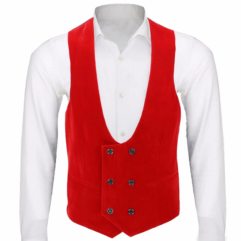 Kırmızı kadife erkek yelek kruvaze ile tek parça erkek takım elbise yelek V boyun Slim fit yeni moda özel bel ceket düğün için