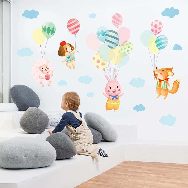 Cartoon Animals Balloon Wall Stickers for Kids room Kindergarten Self-adhesive Decals Eco-friendly Sticker Vinyl Mural | Дом и сад