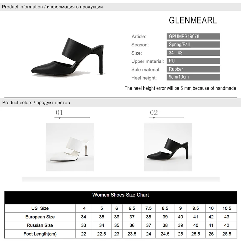 

Women High Heels Mule Shoes PU Leather Black And White Pumps Thin Heels Slippers Pumps Brand Sexy Point Toe Shoes Slide Women DE