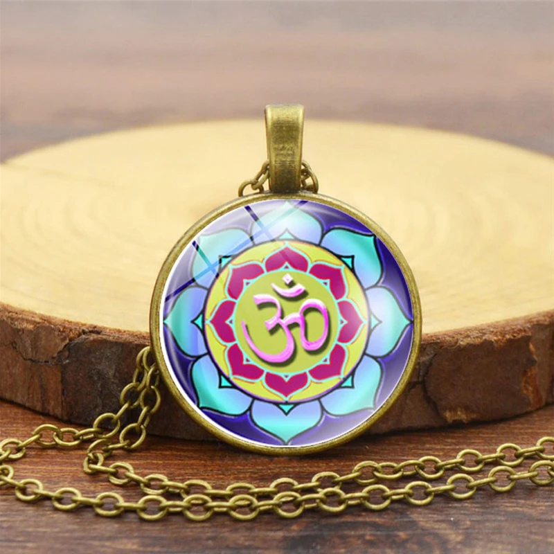 Красочный стеклянный кабошон подвеска Мандала Лотос Ом Аум ожерелье буддийские