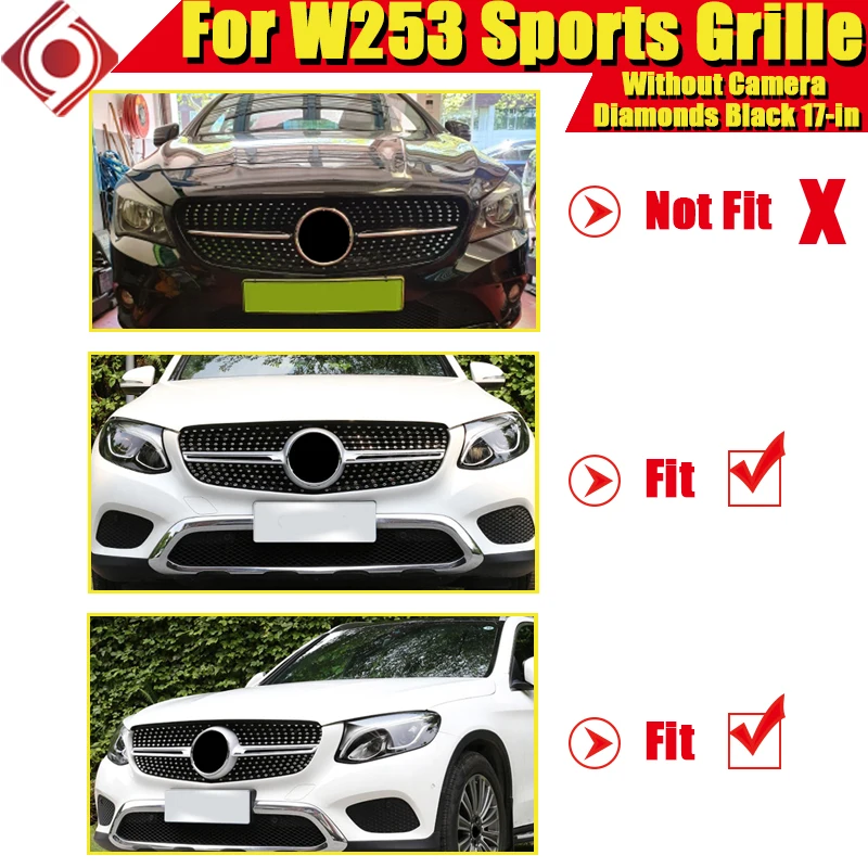 Для Mercedes Diamond Grill Grills ABS Silver подходит для W253 C253 X253 GLC Class Sports Bumper без камеры Add on Style 17- |