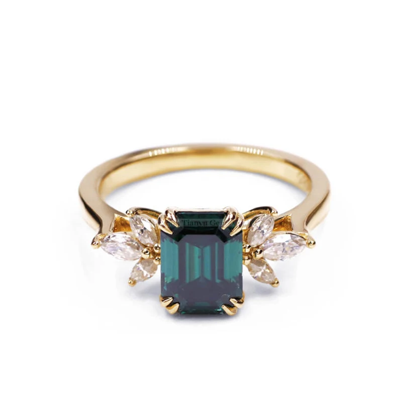 Tianyu Gems 6x8mm Green Moissanite Diamonds Gold Rings DEF Gemstones Gifts 14k/18k/PT950 Wedding Rings Customized Women Jewelry