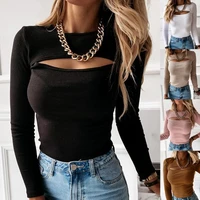 women sexy chest hollow out long sleeve round neck slim knitwear basic blouse