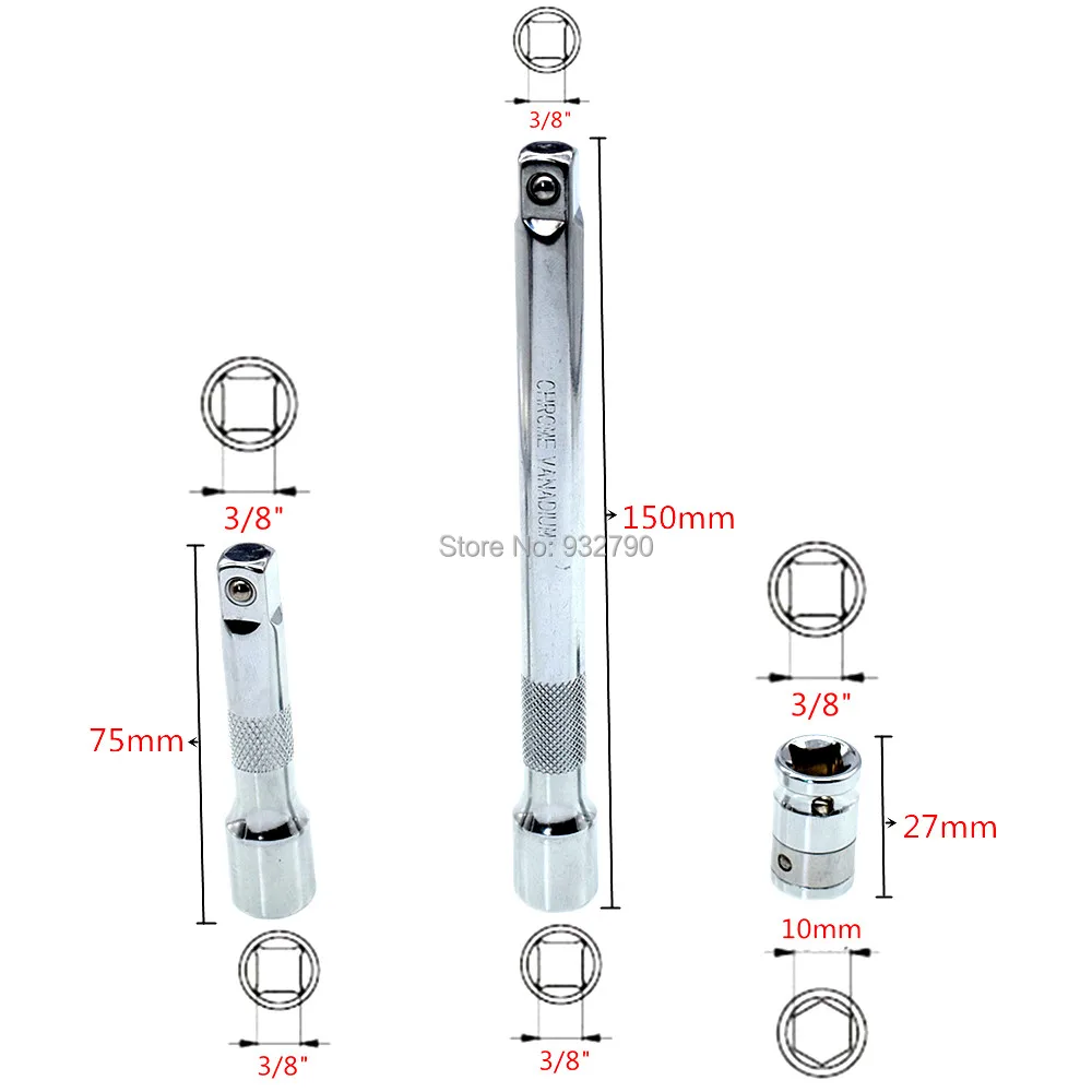 

2pcs 3/8" Drive Socket Ratchet Extension Bar 3(75mm) 6(150mm) + 3/8" Square Hole to 10mm Converter