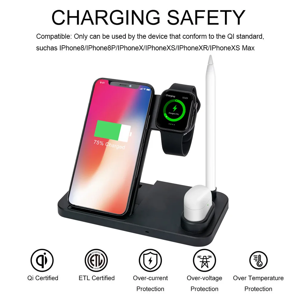 4 в 1 10 Вт Qi Беспроводное зарядное устройство для iPhone XS XR X 8 Airpods Apple Watch 3 2 быстрая