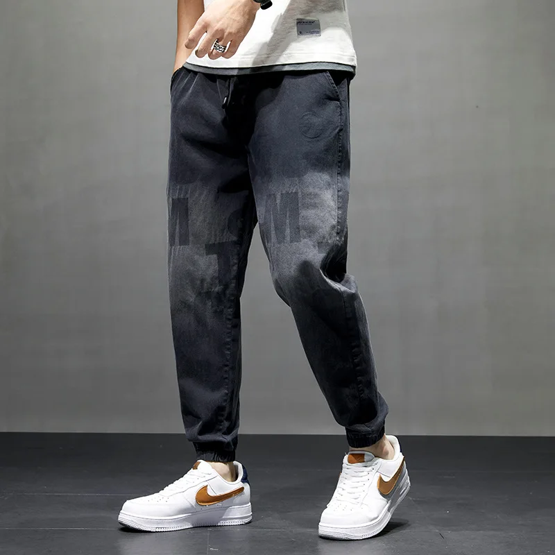 

Spring Summer Elastic Waist Printed Jeans Men's Loose Ankle Length Denim Pants Youth Male Casual Trousers Washed Drawstring Jean