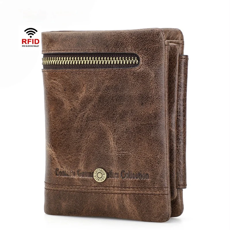 RFID anti-theft brush European and American trend men's wallet fashion tri-fold first layer cowhide wallet