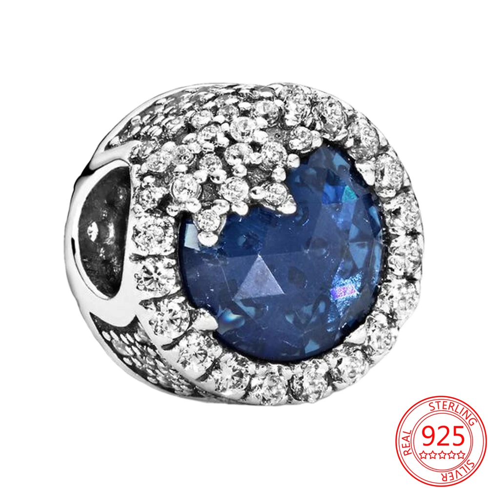 

New Real 925 Sterling Silver Shiny Blue Snowflake Charms Fit Original Pandora Bracelet For Women Birthday Fashion Jewelry Gift