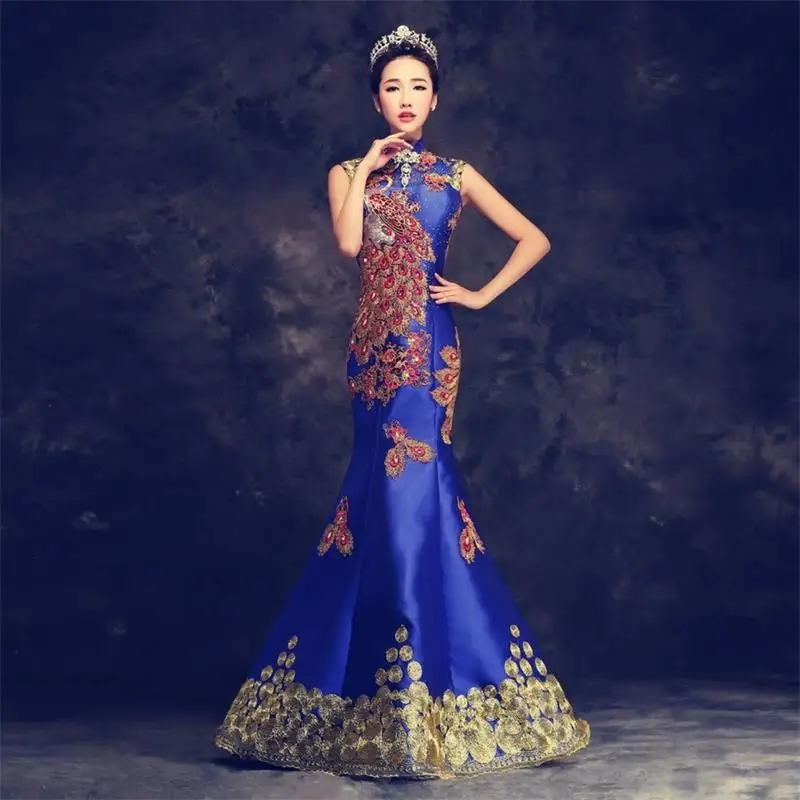Синий класса люкс с вышивкой в китайском стиле вечернее платье Cheongsam свадебное